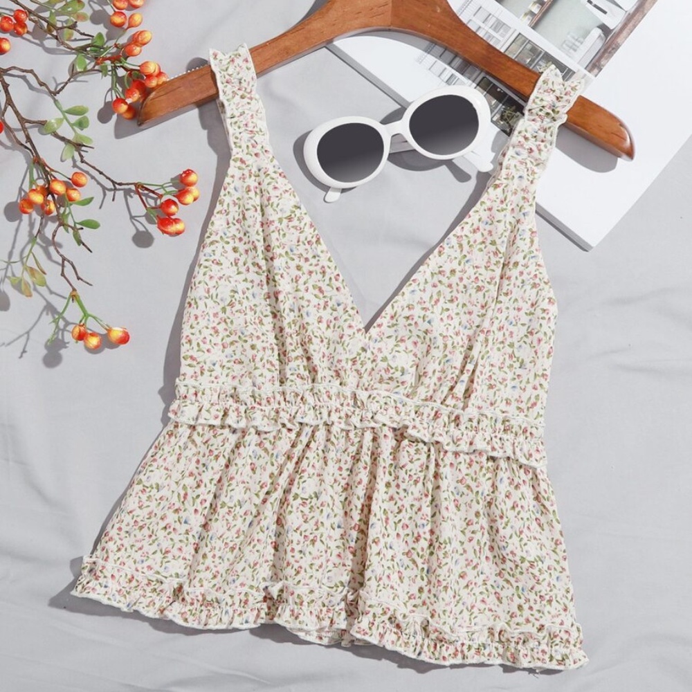 boho floral print v neck ruffle tank top blouse